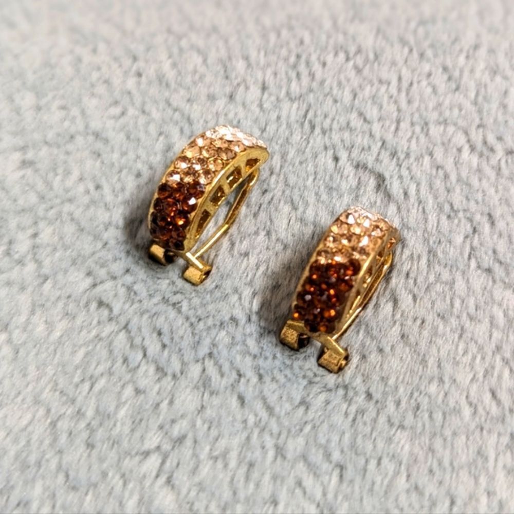 Vintage Tri-Colored Rhinestone Half Hoop Pierced Earrings - Picture 7 of 9